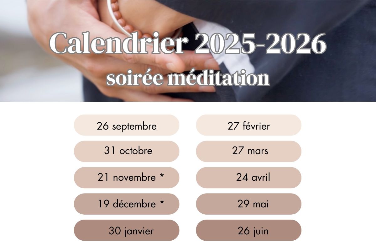Calendrier 2025-2026 des soirées mensuelles de méditation proposées par EARTH | Sérénité & vitalité